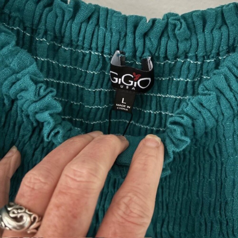 GiGiO USA Green Blue Peasant Top L Puff Sleeve Feminine Festival Flattering NWT - Picture 5 of 7